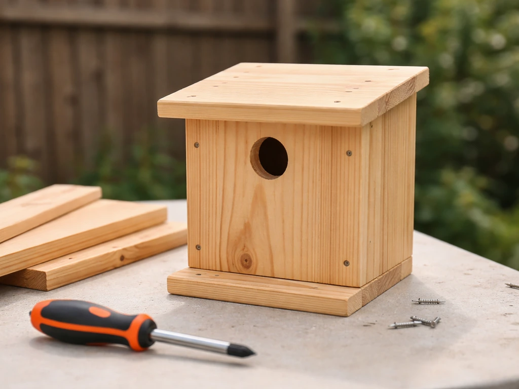 Close-up of an unfinished cedar/untreated pine finch nest box on a backyard work surface.