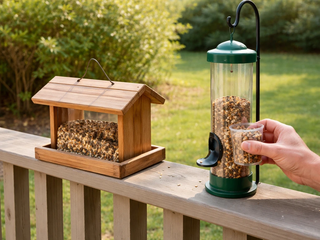Hand adjusting a backyard bird feeder on a deck with seed and shrubs in soft natural light.