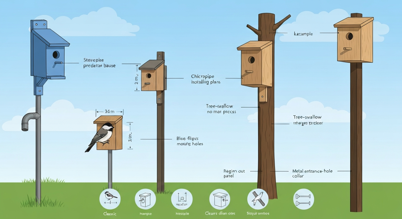Vector diagram showing multiple bird house types and mounting methods with measurement callouts and predator-baffle icons.