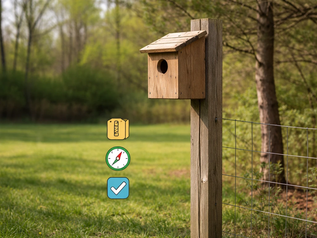 Birdhouse mounted on a fence post with minimal icon-style markers for height, direction, and clearance.