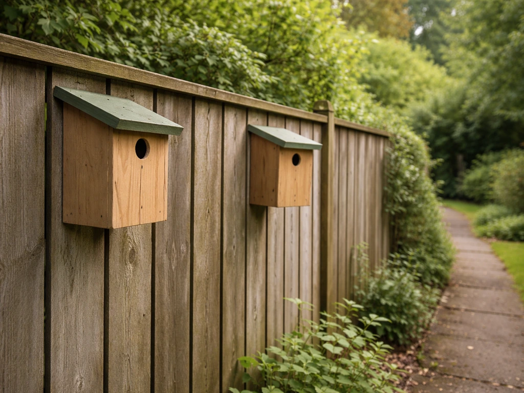 Two bird nest boxes on a fence: one set back from a footpath, the other too close and facing it.