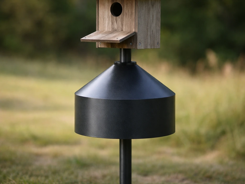 Close-up of a stovepipe predator baffle on a pole under a birdhouse with a softly blurred outdoor background.