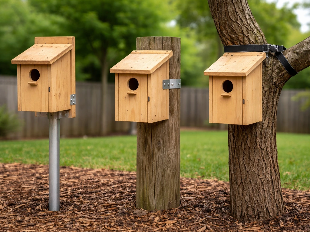Three small birdhouse mounting setups—on metal pole, wooden fence, and tree branch—showing stable hardware