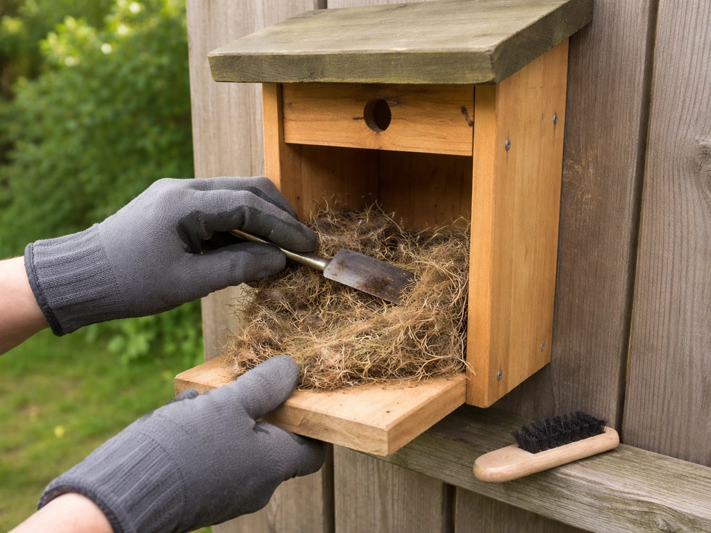 Gloved hands cleaning an open mounted nest box, removing old nesting material with a brush and scraper