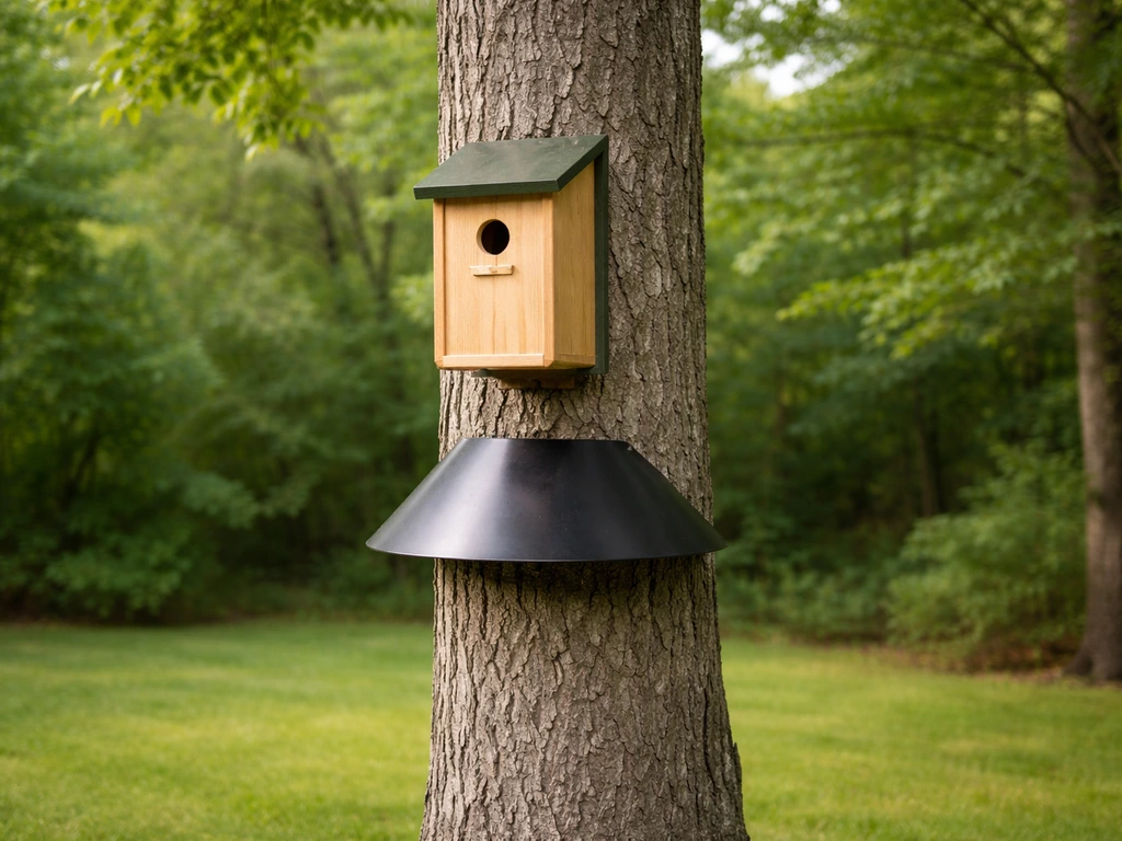 Mounted wooden birdhouse on a tree with entrance hole visible in a quiet backyard setting.