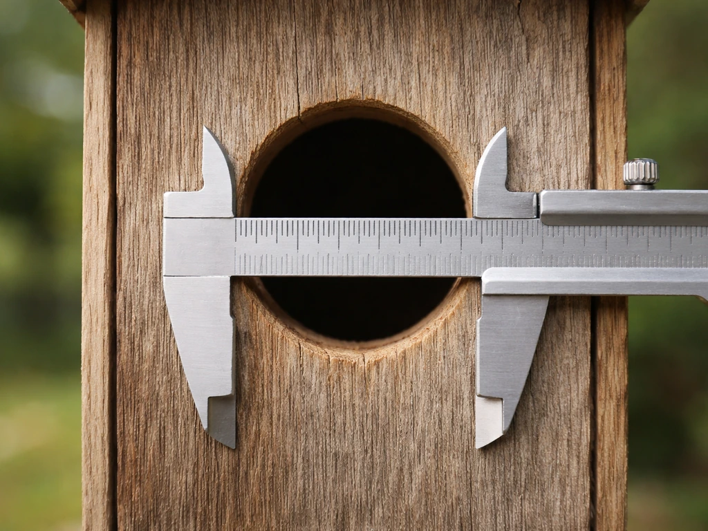 Close-up of a wooden birdhouse entrance hole with a caliper measuring the hole diameter.