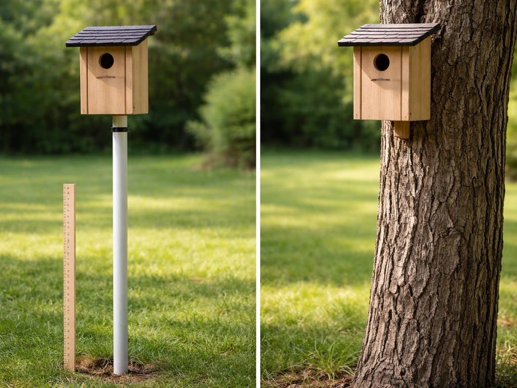 Side-by-side: birdhouse mounted on a smooth metal/PVC pole vs improperly on a tree or fence post.