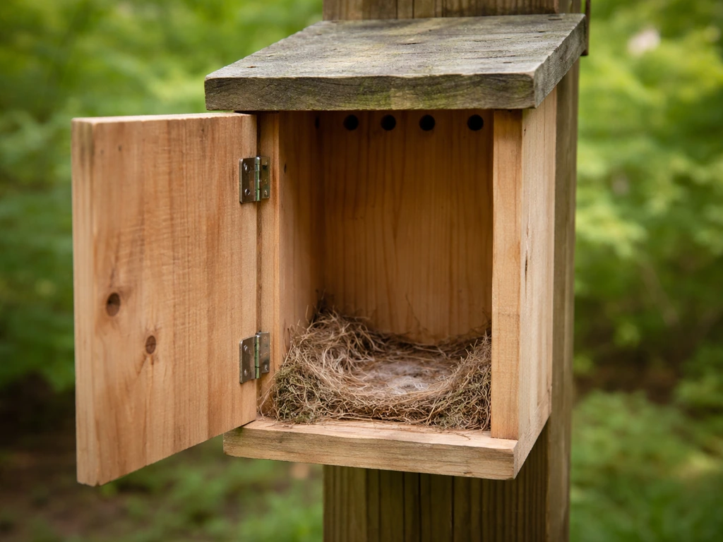 Open birdhouse with removed old nest material, showing clean interior and ventilation airflow, no birds