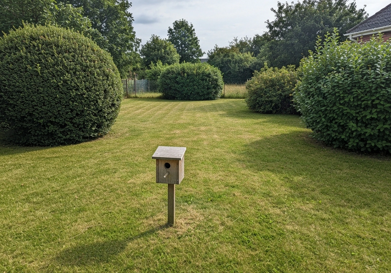 Open, mowed yard area near a simple bird nesting box setup, with trees and shrubs kept to the side.