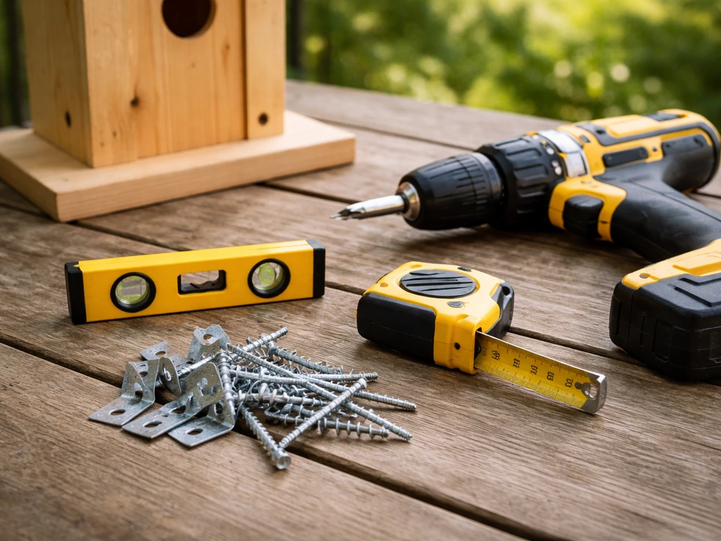 Tools and galvanized/stainless screws laid out on a wooden porch for installing a bird house.