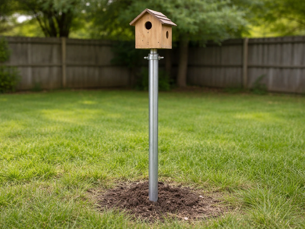 Galvanized conduit pole in the ground with a snug, level birdhouse mounted securely outdoors.