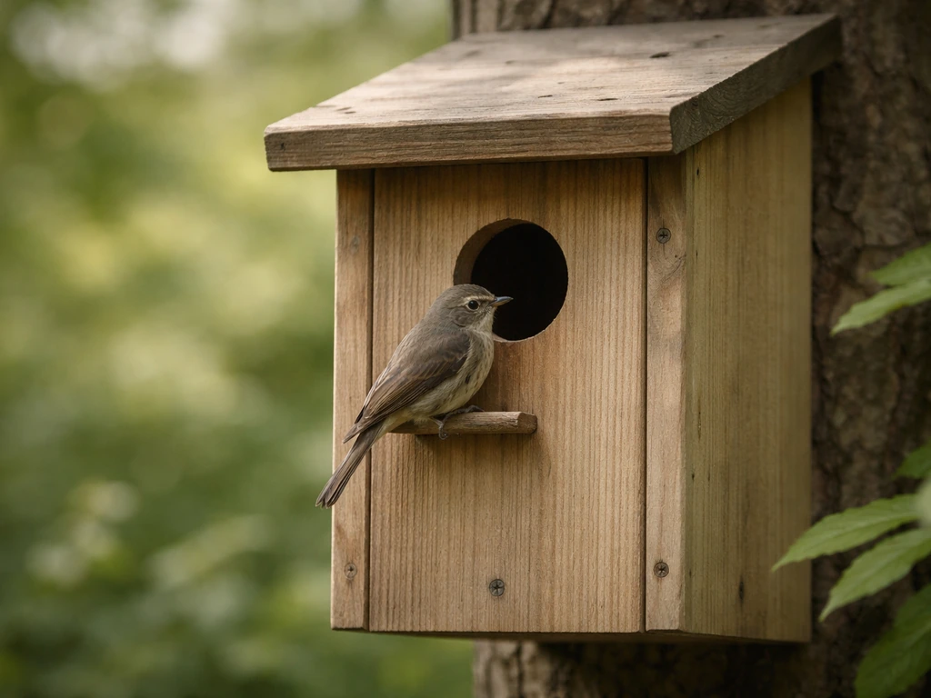 A small bird perched at a natural wood bird house entrance with blurred garden foliage behind.