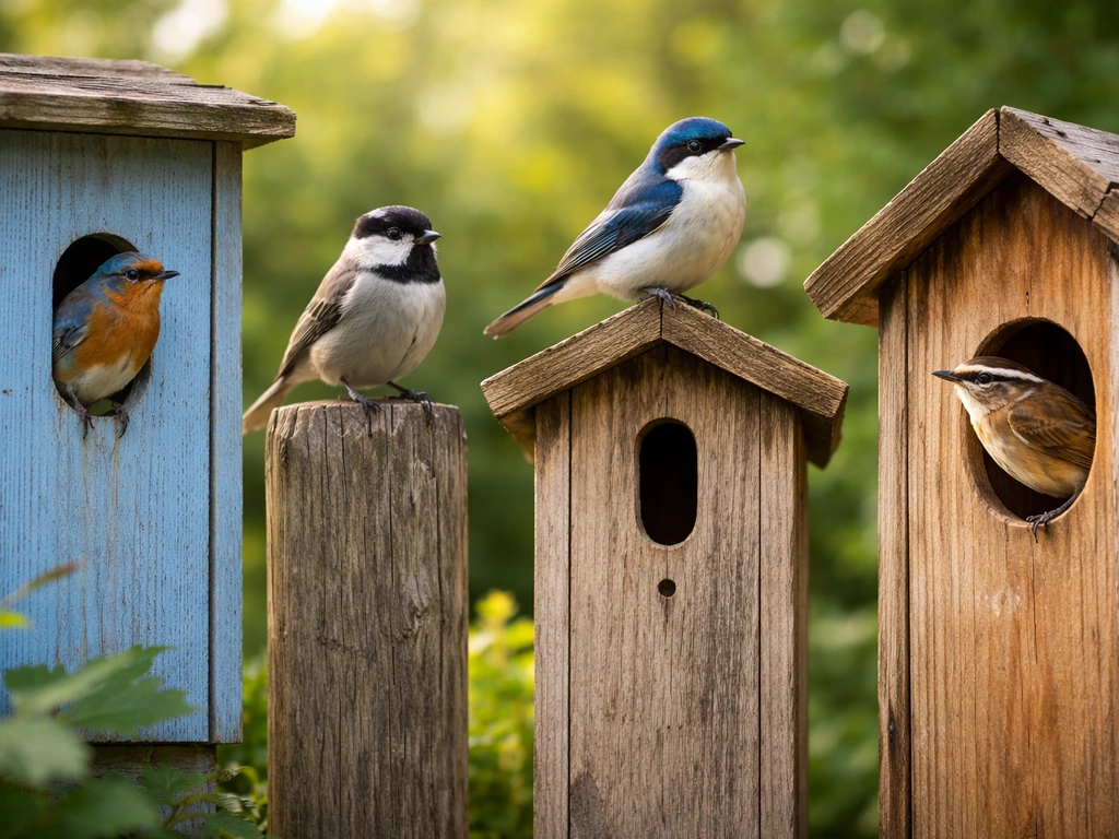Several small cavity-nesting birds perched near different painted birdhouse entrances in a quiet backyard garden.