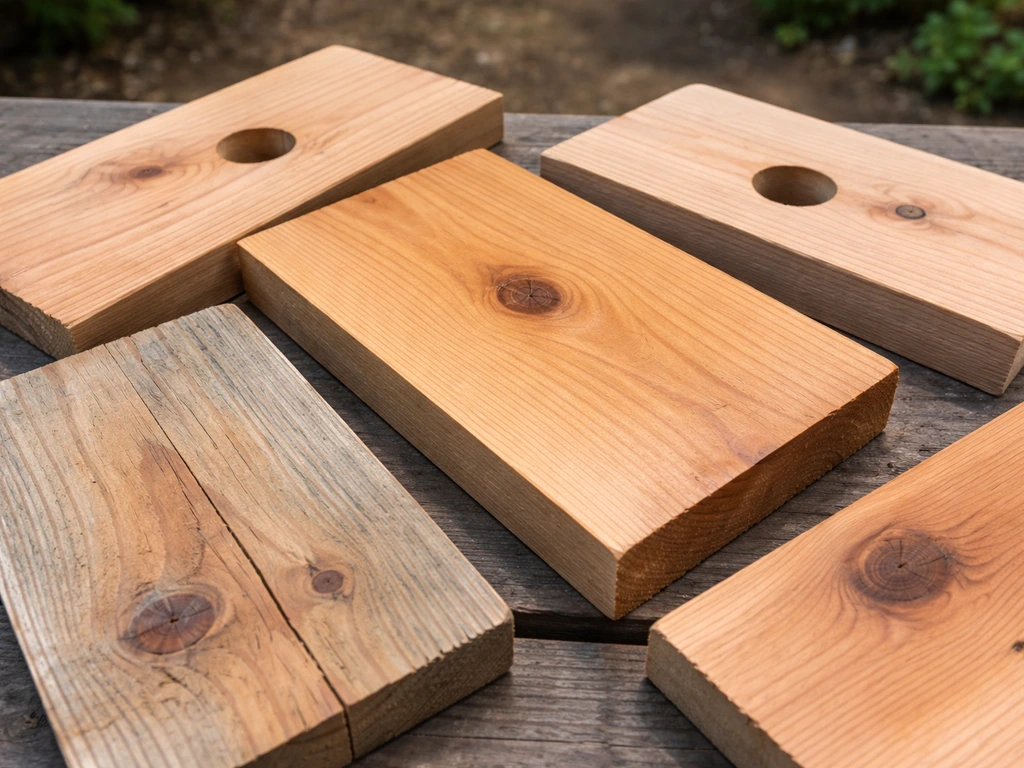 Close-up of untreated and matte-sealed cedar/Douglas fir bird house wood parts with visible grain and weathering.
