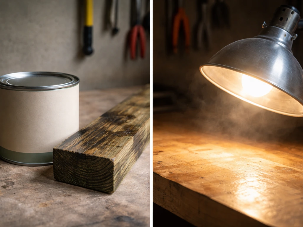 Workshop scene showing a safe non-toxic finish can, unsafe pressure-treated wood sample, and bright glare heat hazard