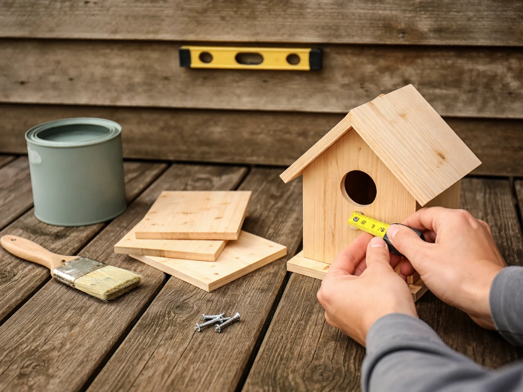 Hand placing a small painted birdhouse kit on a wooden deck near a marked mounting spot