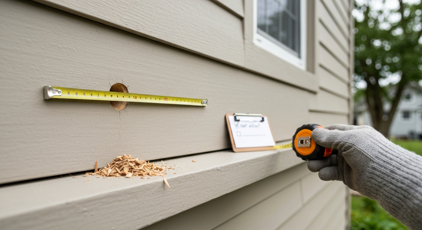 Close-up of painted wood clapboard siding with a 1.5-inch round bird hole, tape measure held to the hole, and wood chips below.