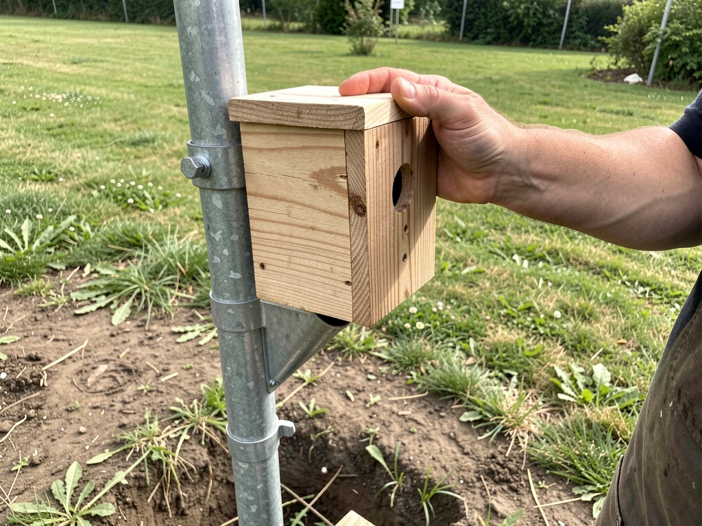Hand installing a nest box on a metal pole with predator baffle