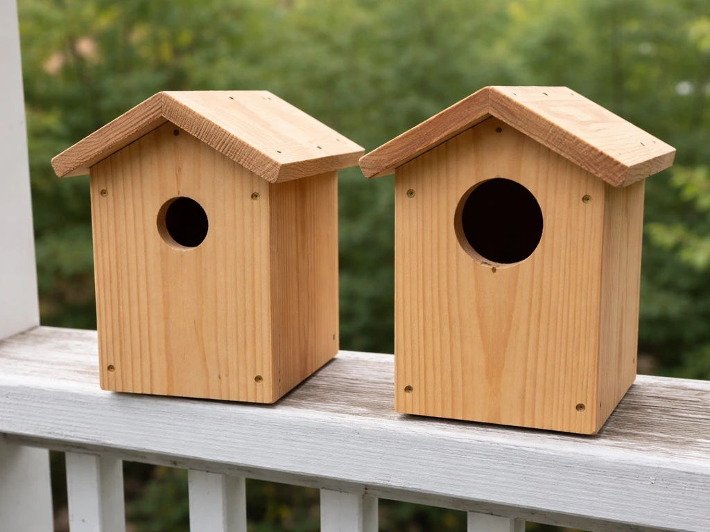 Two wooden birdhouses side by side showing correct vs too-large entrance-hole diameter for small birds.