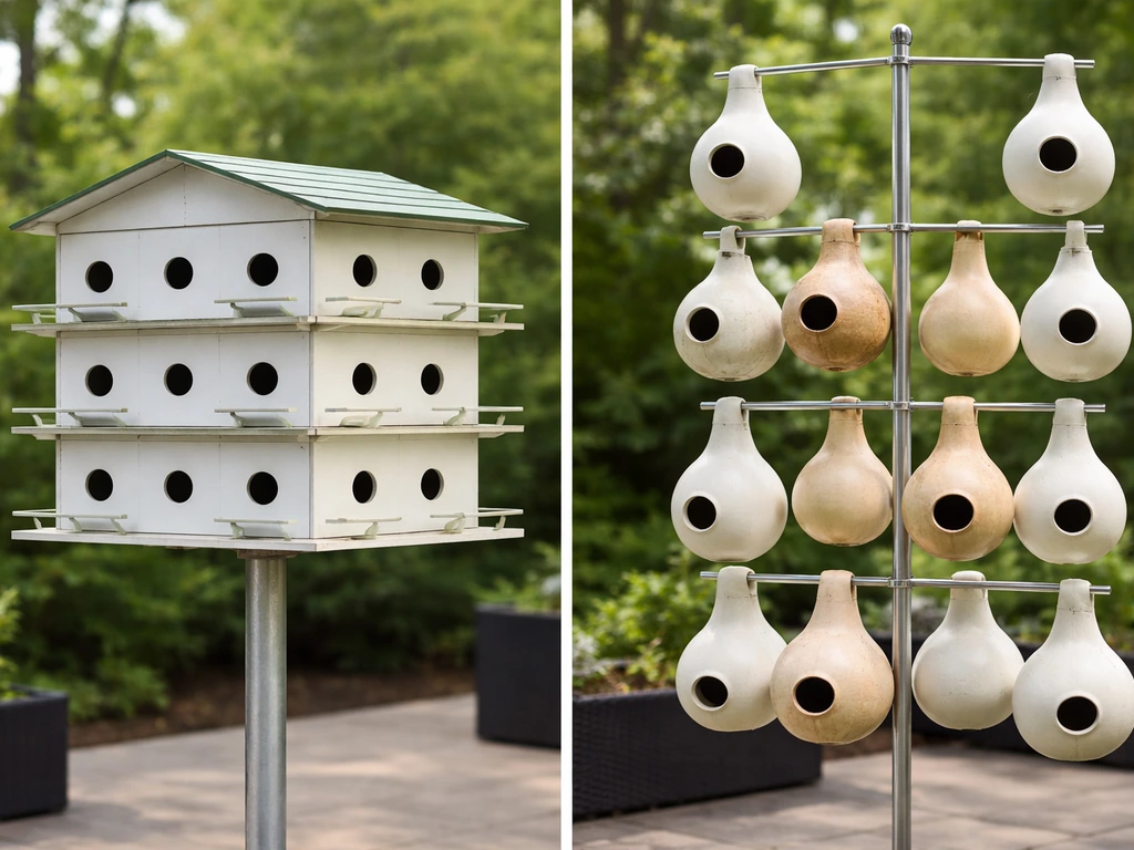 Side-by-side photo of a multi-compartment purple martin house and a gourd rack with entry holes.