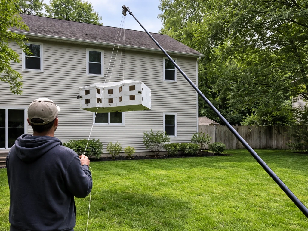 Telescoping pole system lowering a rooftop housing unit toward the ground for nest checks