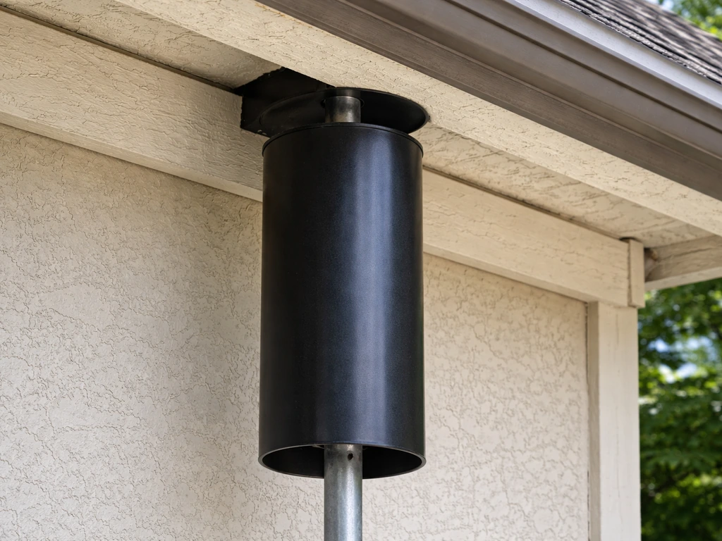 Stovepipe-style cylinder baffle mounted on a pole under a house eave, with visible clearance to deter snakes.