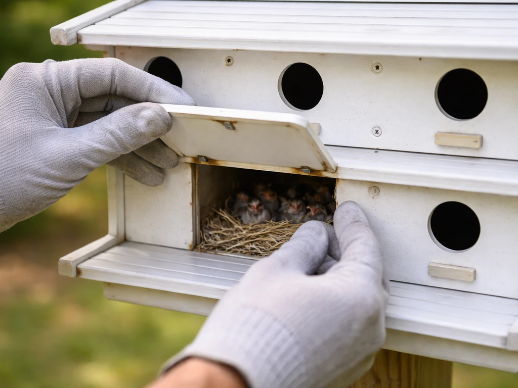 Hands carefully opening a bird nesting compartment on a martin house for a routine inspection.