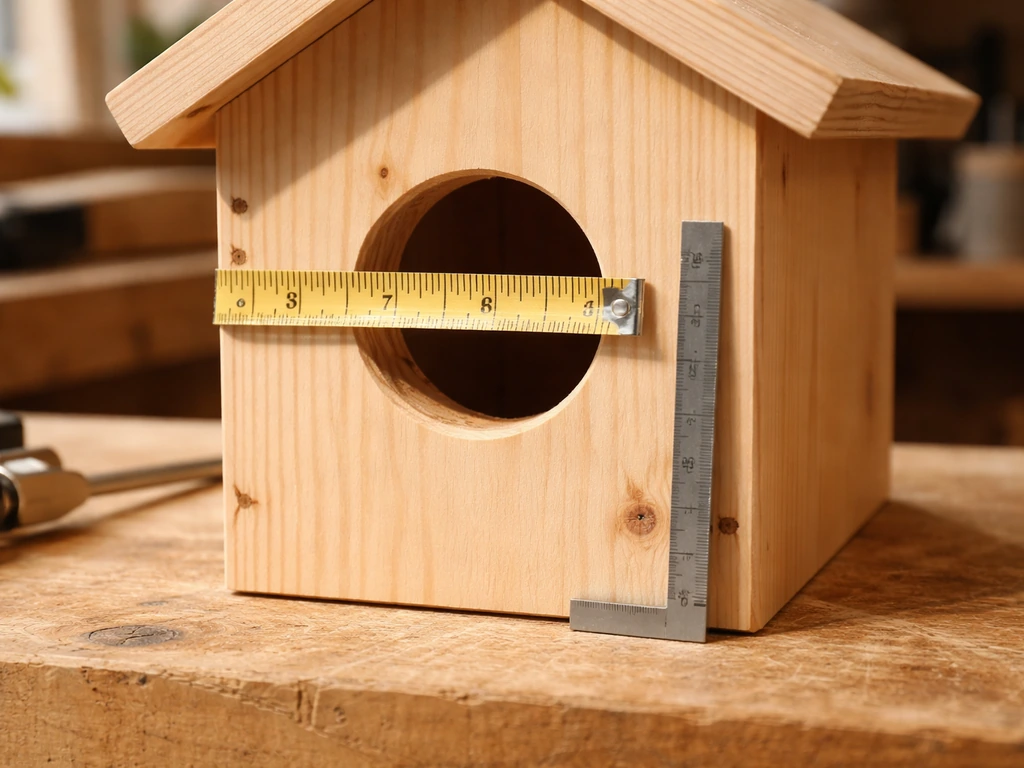 Close-up of a wooden birdhouse entrance hole with a measuring tape and depth gauge beside it.