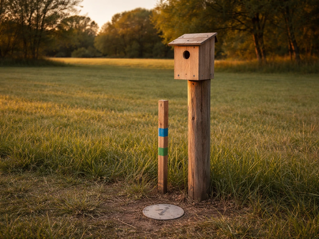A wooden birdhouse on a fence post with height markers and an arrow-like compass showing east-facing entrance.