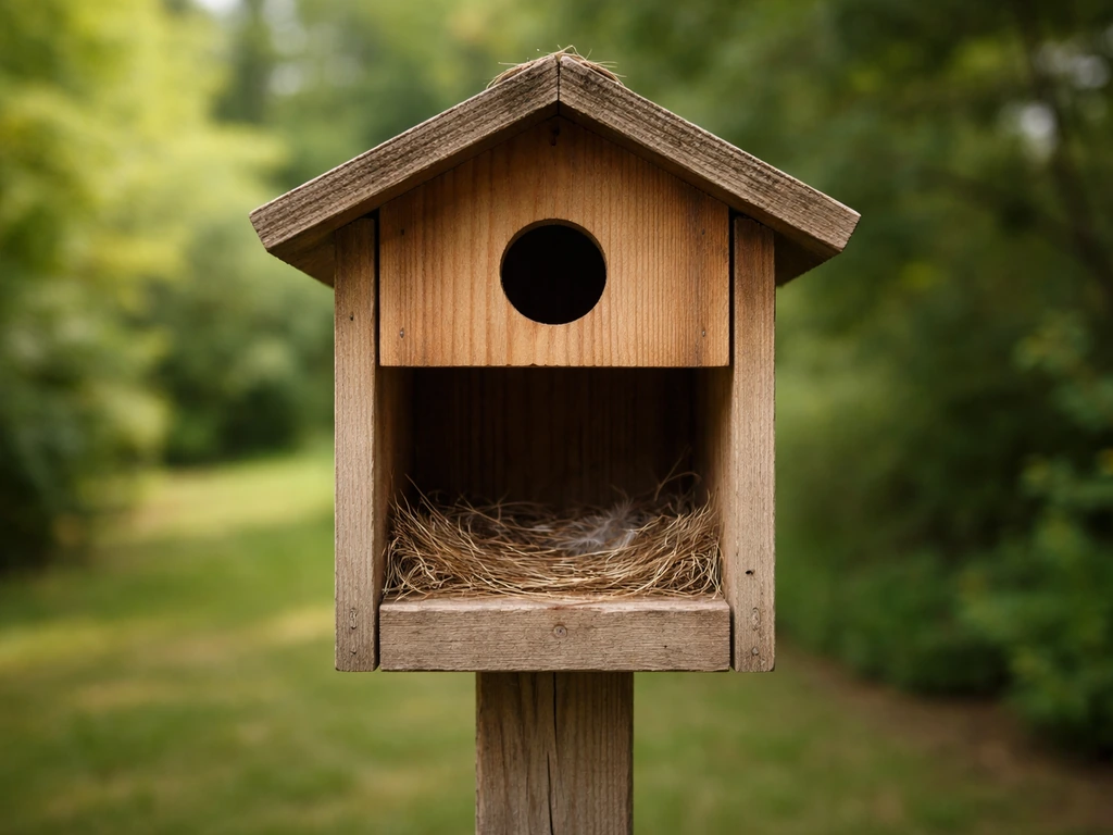 Birdhouse on a post with a clear, open flight path and an open view into a dark, dry interior