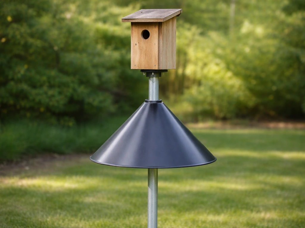 Nest box on a smooth metal pole with a conical stovepipe baffle to block climbing predators.