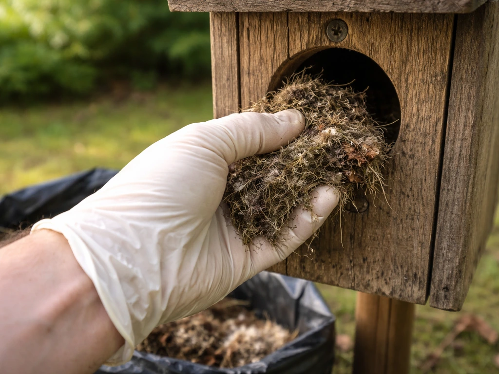Gloved hand removing old nesting material from a wooden birdhouse and discarding it in a nearby bag